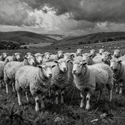 one-line art a beautiful painting the sheep included a spider web, hyper realistic, grey scale
