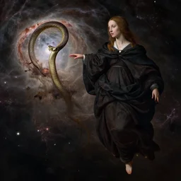 a closeup portrait of a cloaked woman floating next to a snake nebula, snake nebula, by jan van eyck