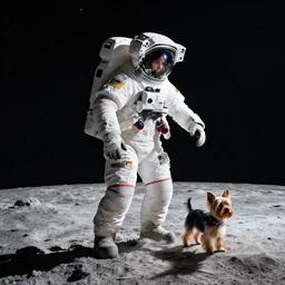 one astronaut with his daughter and their yorkshire terrier on the moon, beautiful dynamic lighting, cinematic, wide angle establishing shot, extremely high detail, photo realistic, cinematic lighting, post processed, concept art, artstation, matte painting, style by frederic church, raphael lacoste, unreal engine 8 k