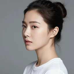 beautiful realistic studio portrait photograph stunning professional close up head shot of a beautiful korean actress with hair in a bun wearing a white t - shirt age 3 5 looking to the left, by annie liebovitz, professional portrait photograph spectacular detail trending on artstation 8 k