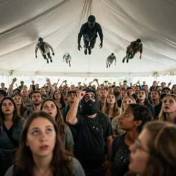 Jaws dropped. Heads turned. Eyes widened in surprise as shady eight-eyed men squelched through the crowd and disappeared up into the sky, their faces hidden by masks. The tent is full of people, all staring at the sky above them and waiting for more to come flying out.