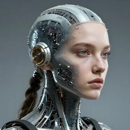 biopunk cyborg portrait by julie bell, intricate integrated circuit patterns, detailed!, very sharp!!!