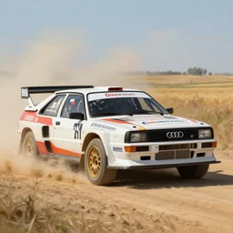 Audi Quattro Sport racing across Nebraska landscape dusty epic painting