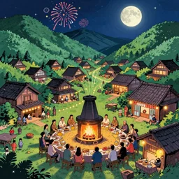 party in a japanese village built in green mountains, fireplace, banquet, fireworks, lights at night, moon, manga style, hyperdetailed, artstation, cgsociety, 8 k