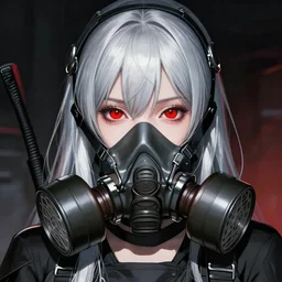 girl silver hair, red eyes, multicam, gas mask, illustration by Yoji Shinkawa and Krenz Cushart, cinematic portrait