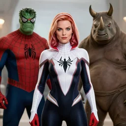 annie leibovitz photoshoot of gwen stacy as spider woman, hyperreal, photorealistic, soft focus, 5 0 mm, spider - man, doc ock, green goblin, rhino, sandman