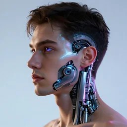 profile of a beautiful male with bionic eye!, neon glow, ultra realistic HD 8K raytracing, octane rendered