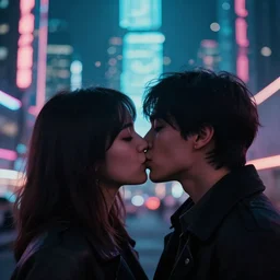 two people kissing in front of a cyberpunk city, neon lights, bokeh, close up, award wining photograph, movie still,