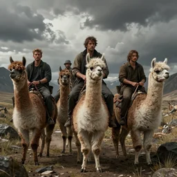 four men riding alpaca during the apocalypse, gloomy octane render, artstation trending, highly detailded