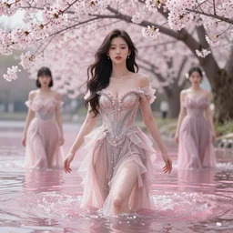 lee jin - eun wearing luxurious dress emerging from pink water with cyberpunk theme by greg rutkowski, claude monet, conrad roset, takato yomamoto, rule of thirds, seductive look, beautiful, sakura flowers, dreamy,