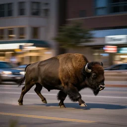 Professional 8k panning photo Running bison through downtown at night, car commercial still