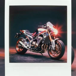analog vintage photography portrait polaroid of a futuristic chrome motorbike, red color bleed, heavy film grain, bloom, glow