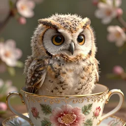 medium close - up shot of a very cute and relaxed fluffy!! furry!! owl chick sitting in a highly detailed floral ornamented cup, floral background of beautiful blossoms, by esao andrews, by m. w. kaluta, volumetric light, rich colors, natural lighting, very humorous!!!, smooth, depth perception, 4 k, unreal engine 5, artstation