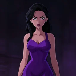 neo - noir, cell shaded, portrait of a woman in a purple dress, dark background, moody lighting, detailed, thick line art, artstation