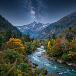 a photorealistic portrait, stunningly beautiful colorful fantasy landscape, professionally retouched, soft lighting, hyper realistic, river, mountains, various trees, beautifully detailed starry sky, wide angle, sharp focus, 8 k high definition, 6 4 megapixels, insanely detailed, stunningly beautiful