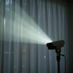 A surveillance camera casting a pale flourescent beam through translucent curtains, cinematic lighting, detailed, Fujifilm