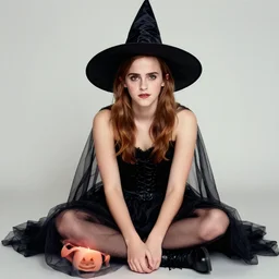 emma watson wearing halloween witch! costume, full body! shot, sitting!!!!, colored, perfect symmetrical face, perfect eyes!!, by charlotte grimm, natural light, detailed face, canon eos c 3 0 0, ƒ 1. 8, 3 5 mm, 8 k, medium - format print