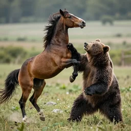 realistic photograph of a horse attacking a bear