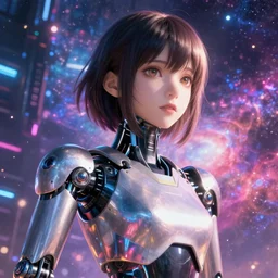 makoto shinkai. robotic android girl. futuristic cyberpunk. dystopia. vibrant nebula sky................................................................................................................. robotic arm.