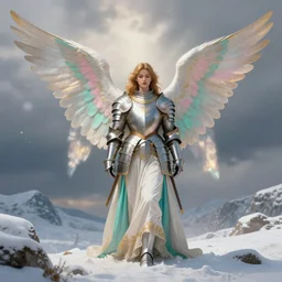 angel, big wings, hudson river school, full plate armor with cloth, f 1 6, bokeh, gentle, female, snowy mountain, storm clouds, god rays, landscape, d & d, fantasy, elegant, teal pink white gold color palette, concept art, artgerm and greg rutkowski and alphonse mucha