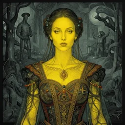 Woman wearing beautiful ornate clothes, Portrait, Masterpiece, glass, flat background, yellow skin, glowing, wires everywhere, by Edgar Maxence and Ross Tran, Zdzisław Beksiński, and Michael Whelan, distant, gustav dore, H.R. Giger, 8k, octane render