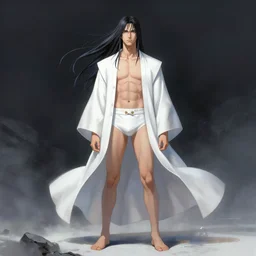 distant full body view, aaron taylor johnson as a sea titan in white robes, speedo, long hair, dressed!!!!!!!!!!!!!!! digital painting, concept art, smooth, sharp focus, illustration by artgerm, yoshitaka amano, krenz cushart, shinji aramaki