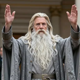 Hillary Clinton with a long white gandalf beard  and raising arms, 4K, octane rendering