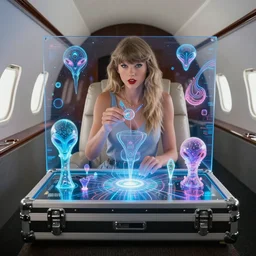 Taylor Swift in her private jet in holograms of alien artifacts, electrical case display, total recall tech, ultrarealistic, dramatic lighting, electrical details, high details, 4k, 8k, best, accurate, trending on artstation, artstation, photorealism, ultrarealistic, digital painting, style of Tristan Eaton Stanley Artgerm and Hajime Sorayama, Caravaggio, Boris Vallejo