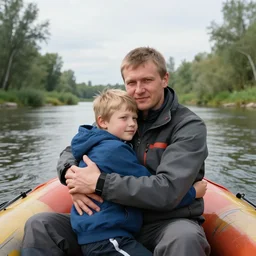 russian man. high detailed. 4 k ultra realistic photo hugging his son on river trip