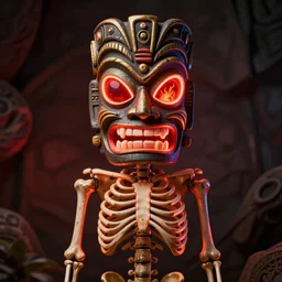 of a neon skeleton with tiki mask and red fiery eyes