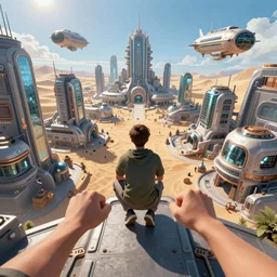 First person point of view shot showing the arms of a young man crouching on the ledge of a tall building peering at an advanced high tech Sci fi bustling steampunk city with flying air ships over it and tall glass buildings located in a sand desert, bright sunny day blue sky, digital painting, artstation, matte painting, highly detailed, intricate, concept art, game art, octane render, 8k, unreal engine