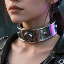 detailed realistic female character cyberpunk wearing thick steel collar around neck, realistic, art, beautiful, 4K, collar, choker, collar around neck, punk, artstation, detailed, female, woman, choker, cyberpunk, neon, punk, collar, choker, collar around neck, thick collar, tight around neck, punk, leather collar, cyberpunk,
