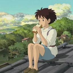 a girl sitting on the roof of a building eating a sandwich, zoomed out, art by hayao miyazaki, studio ghibli film,