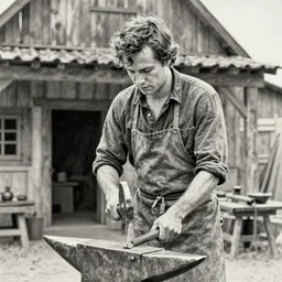 film still of charlie day, working as blacksmith outside farmhouse, wearing apron, pencil drawing, greyscale, realistic detailed face, hammering anvil, contrast
