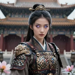 beautiful ancient fantasy portrait of wuxia armor heroine,  wearing Xian Xia wardrobe, in forbidden City, hybrid from Dynasty Warriror, flowers sea rainning everywhere, intricate, very very beautiful, elegant, highly detailed, digital painting, beautiful glowing galaxy eyes, human anatomy, hyperrealistic, soft light, dynamic, artbreeder, artstation, fantasy concept art, smooth, sharp focus, illustration, art  by alphonse mucha and tian zi and WLOP