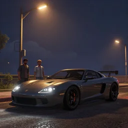a sport car in gtav with street lights at night. art by ismail inceoglu, filip hodas, and pixar. clouds by rhads.