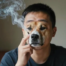 a man in a dog's face smoking