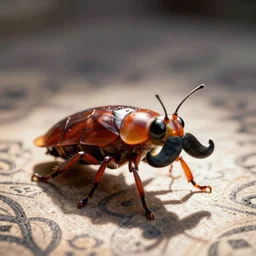 cartoon cockroach with a big mustache crawls on a patterned background