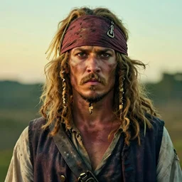 photo portrait of an rugged albino african pirate with a headband | brown vest | young adult, thin blonde mustache, afro blonde hair, stern face, rugged and dirty, cinematic lighting at sundawn, movie color grading
