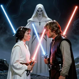 screenshot portrait of Luke Skywalker and Princess Leia, with the lightsabers ignited, facing off against an incredibly haunting female sith lord in white, on a planet of maelstrom, iconic scene from the 1970s sci fi thriller film by Stanley Kubrick, HR Geiger, stunning cinematography, hyper-detailed, sharp, anamorphic lenses, kodak color stock, 4k, stunning