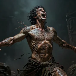 photorealistic image of a screaming man with his arms out, thamudic writing on his skin, whose body is unravelling, atmospheric lighting, dark, brooding, painted, intricate, ultra detailed, well composed, best on artstation, cgsociety, epic, horror, stunning, gorgeous, intricate detail, much wow, masterpiece, cinematic aesthetic octane render, 8 k hd resolution,