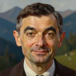 up close portrait of mr bean, face, gorgeous lighting, dramatic lighting and composition, award winning oil painting, mountain forest in background