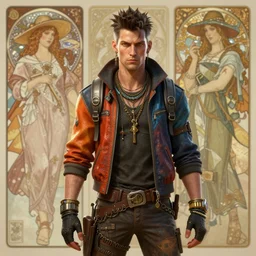 detailed concept art portrait of a vibrantly dressed diesel punk man on a depth of field background, artstation, award - winning realistic sci - fi concept art by jim burns and greg rutkowski, beksinski, a realism masterpiece, complimentary color palette, james gilleard, bruegel, alphonse mucha, and yoshitaka amano