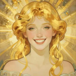 blonde, art by mucha, happy, portrait, smiling, friendly, bright, clever, knowing, flat colors. champagne, gold, love