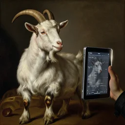 A extremely highly detailed majestic hi-res beautiful, highly detailed painting of a goat taking a picture with an Ipad by Michelangelo Merisi da Caravaggio,