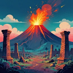 a volcano in eruption with ancient ruins,retrowave art,trending on art station