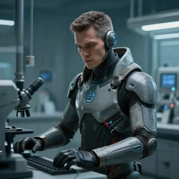 a torso portrait of a human operator working the laboratory, sci - fi character, cyberpunk suit, cinematic composition, hyper detailed, matte painting, highly detailed, greg rutkowski, cedric peyravernay, anato finnstark, artstation, 8 k