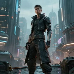neuropunk man in the sci - fi city of future