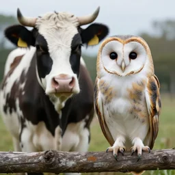 “photograph of a mix between a cow and an owl, a cow owl”