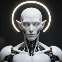 centered artwork. horizontally symmetrical artwork. high contrast. increased sharpness. depth of field. close-up portrait of one biomechanical lich with halo, with transparent skin made of glass, by jarold Sng and Stephen Oakley, octane render, by greg rutkowski, artstation, matte painting, 3d render